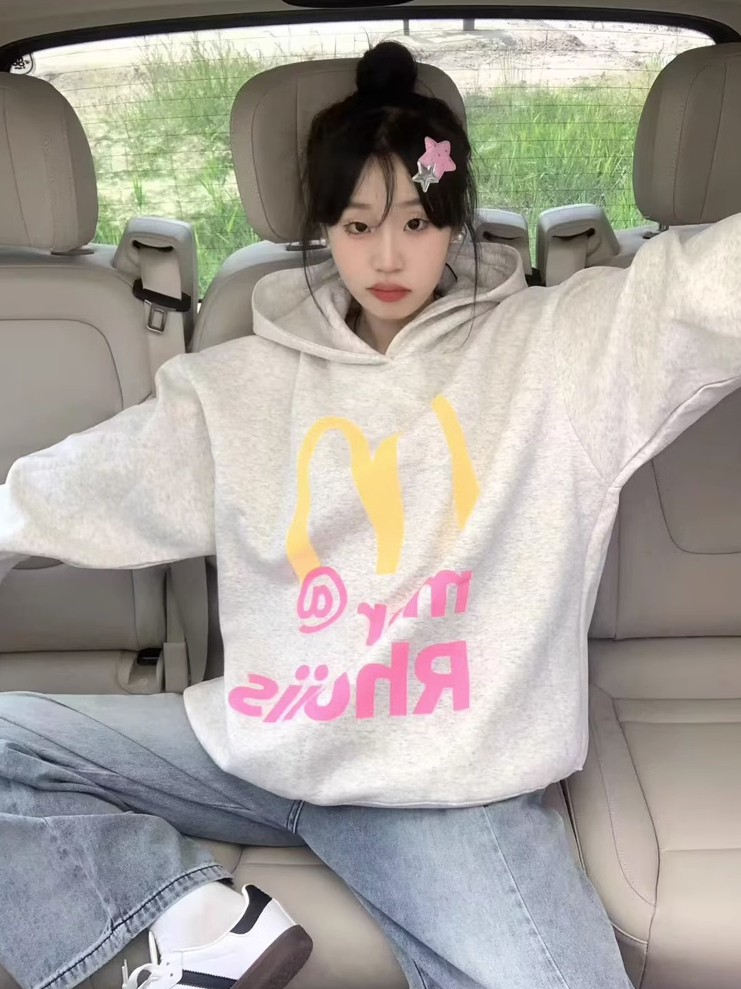 後包領雙層帽不起球配棉螺口 仿棉華棉複合310剋薄款衛衣女印花