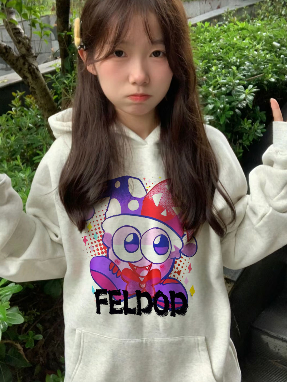 灰白色連帽加絨衛衣女秋冬季2023新款美式潮牌oversize寬鬆上衣服