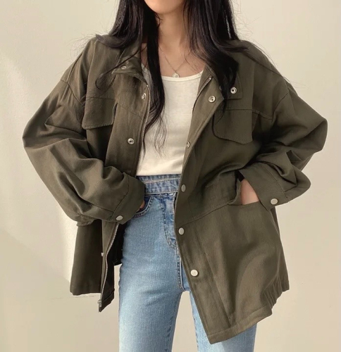 Korean chic autumn retro temperament fake pocket design drawstring waist slimming work jacket windbreaker coat for women