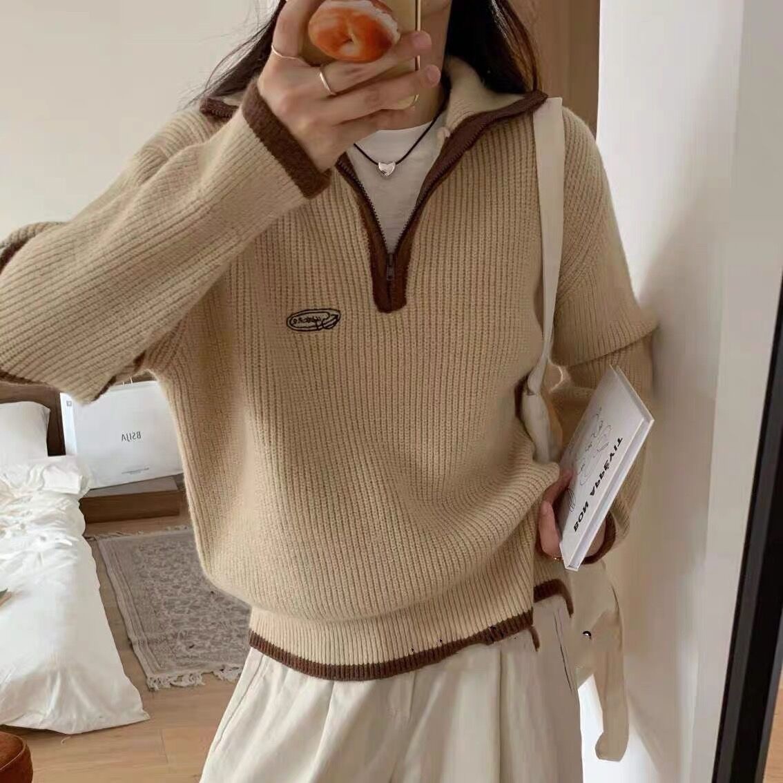 韓系撞色翻領套頭毛衣女秋冬季新款寬鬆慵懶風軟糯百搭針織衫上衣