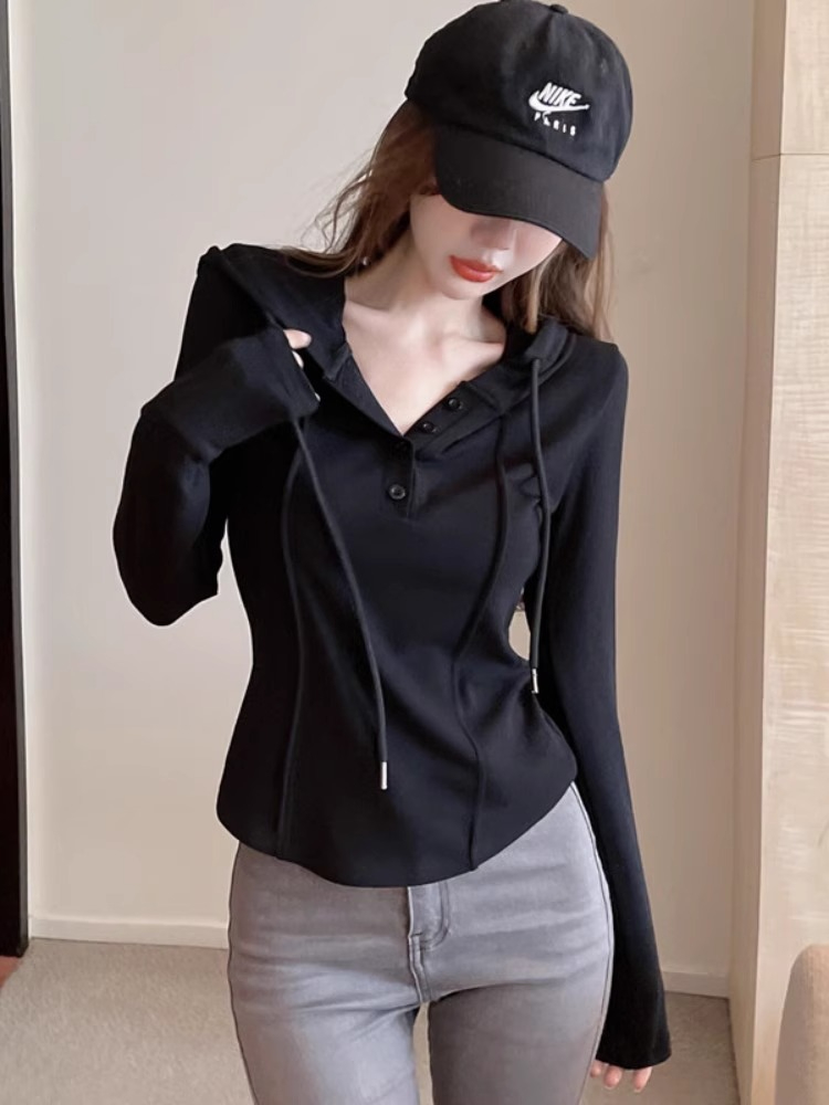 Irregular hooded long-sleeved T-shirt top for women who are fat in autumn, pure lusty style, slimming, chic waist-cinching bottoming shirt
