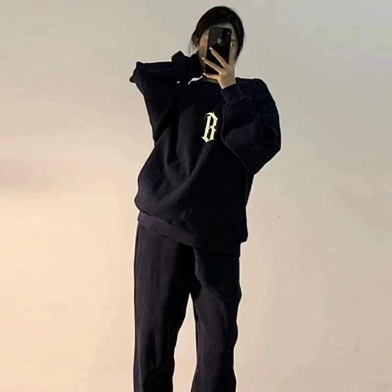 套裝女2023秋冬季加絨加厚新款保暖衛衣束腳褲圓領兩件套