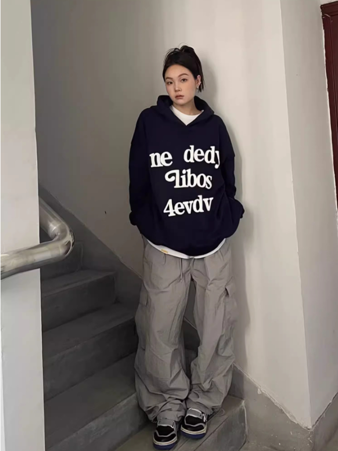 後包領雙層帽不起球配棉螺口 仿棉華棉複合310剋薄款衛衣女印花