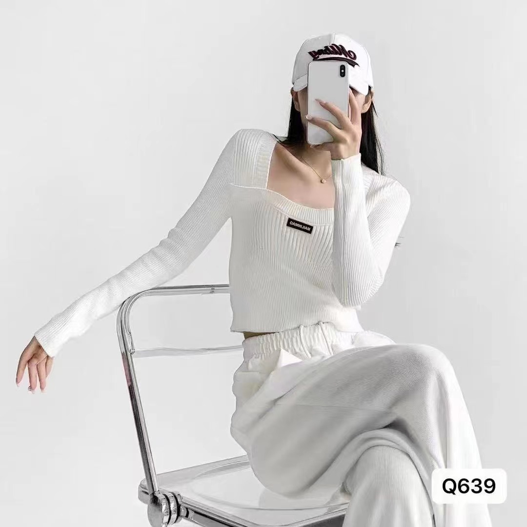 秋季新款韓版時尚別致方領拼接純色顯瘦長袖上衣女