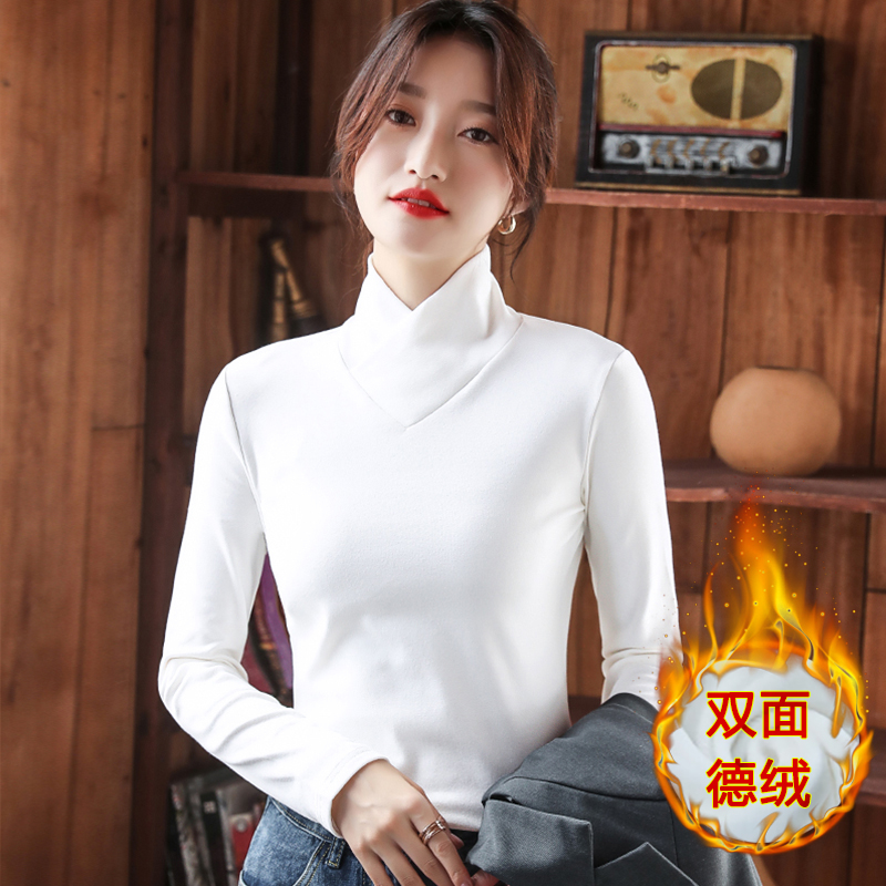 Official picture V-neck double-sided German velvet half turtleneck thermal bottoming shirt for women long-sleeved autumn and winter inner T-shirt top for women