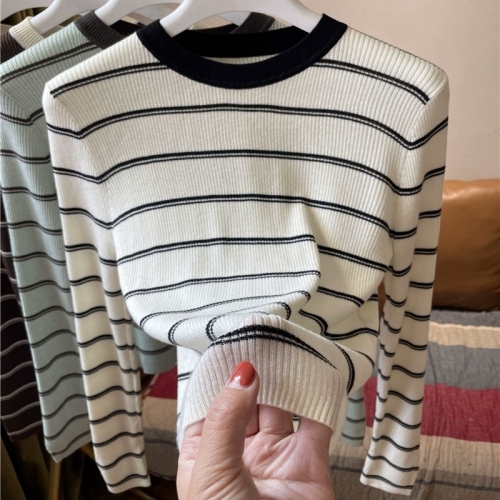 Contrast color wool sweater for women Korean style round neck pullover color block striped long sleeve slim fit bottoming shirt