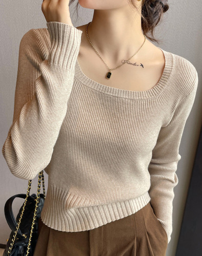 Knitted sweaters for women in spring, autumn and winter  new high-end slim square-neck bottoming shirts with early autumn long-sleeved tops