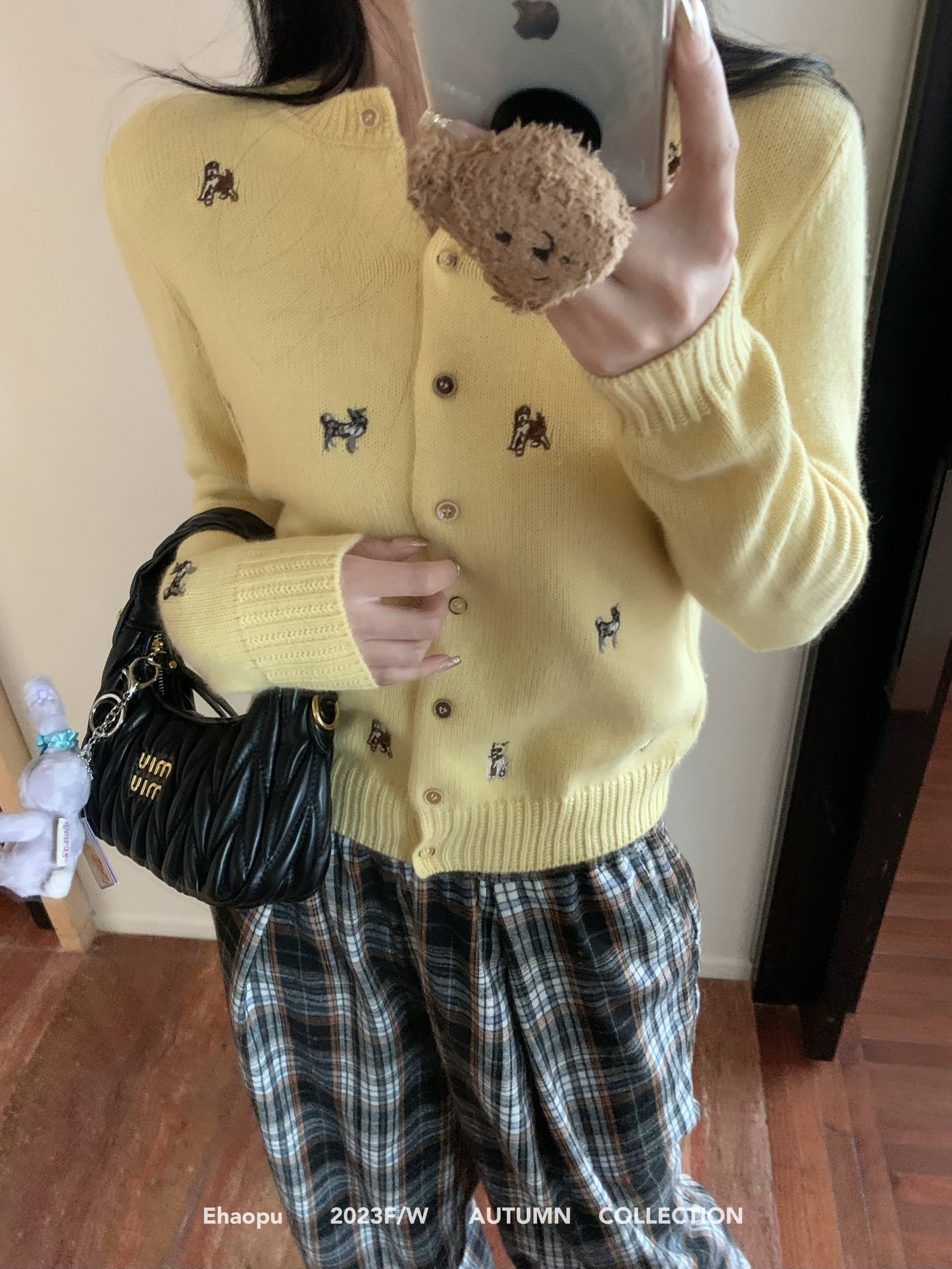 實拍 狗狗刺繡黃色針織開衫韓系千金感毛衣外套