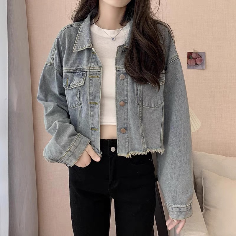 短款牛仔外套女秋冬季寬鬆設計感小眾2023年新款初秋破洞外搭上衣