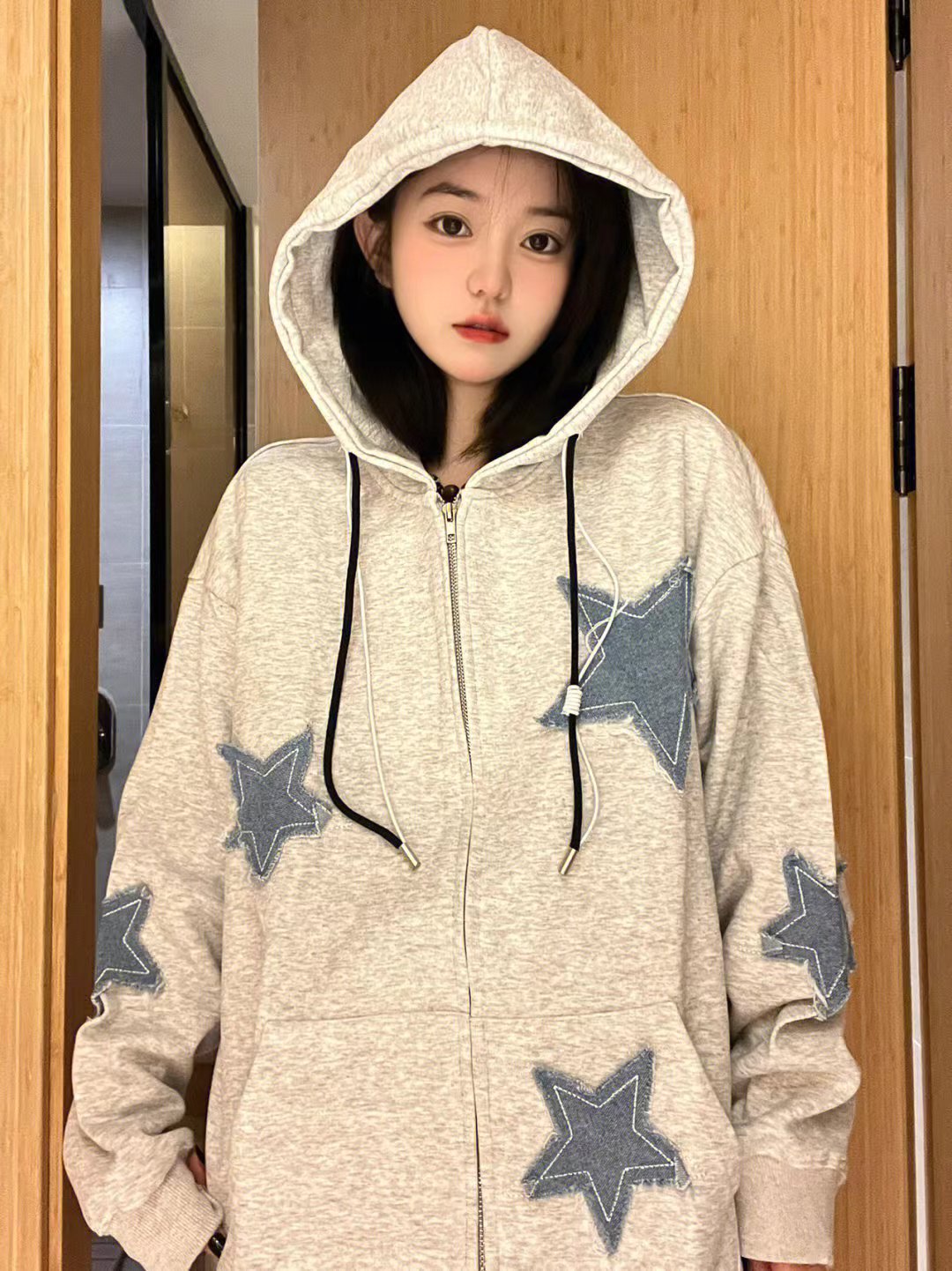 秋季美式潮流星星牛仔貼布連帽衛衣加絨寬鬆休閒拉鏈開衫外套女