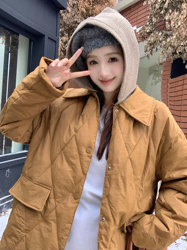 Real shot Korean style retro Maillard color mid-length cotton jacket for women with detachable hooded jacket top