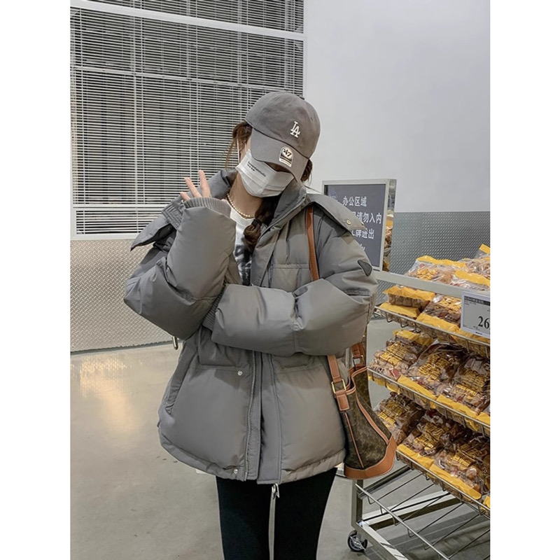 Gray love chic design bread coat simple retro loose lazy style winter thickened cotton coat for women