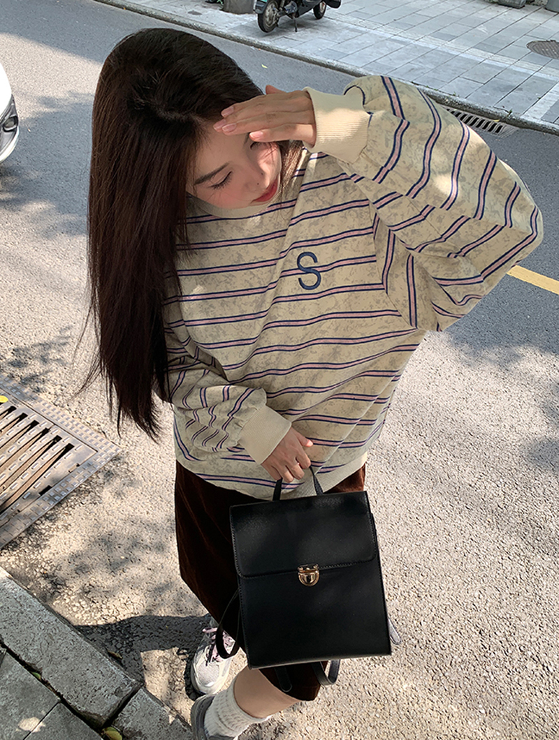 後包領不起球配棉螺口 仿棉華棉複合310剋薄款衛衣女圓領條紋刺繡