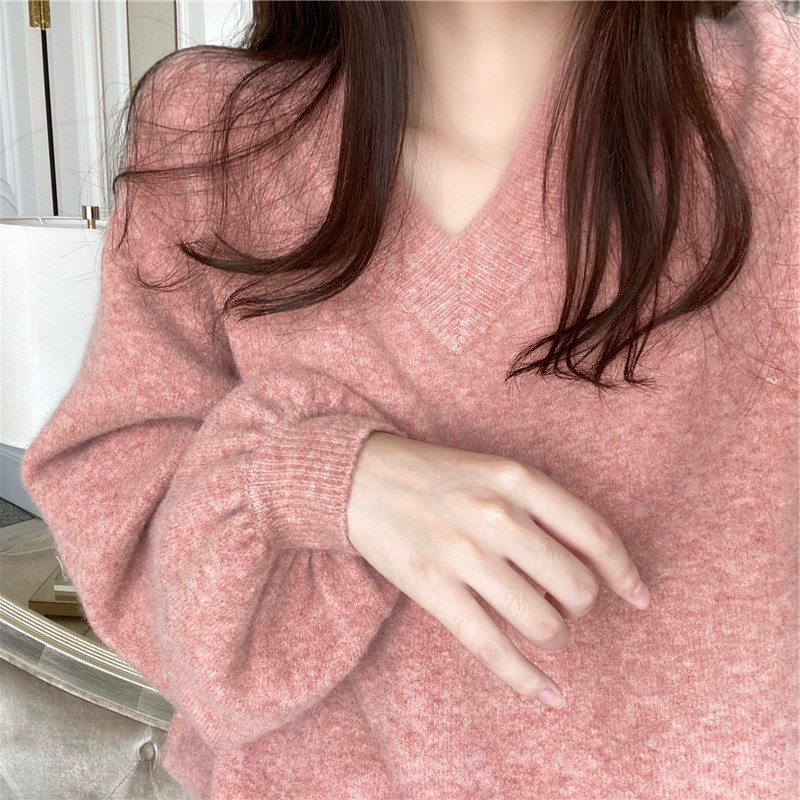 很仙的粉色v領軟糯羊絨毛衣女冬加厚寬鬆慵懶風外穿甜美溫柔日系