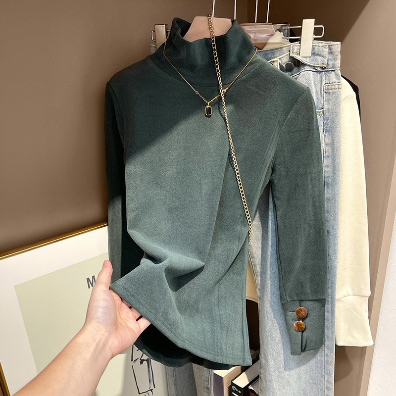 Real shot of cationic double-sided German velvet bottoming shirt for women, half turtleneck, long-sleeved T-shirt, autumn and winter inner layer, thickened with velvet