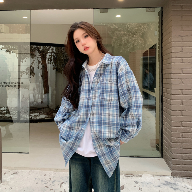 實拍 美式復古藍色格紋襯衫女秋冬季百搭慵懶風長袖上衣外套ins潮