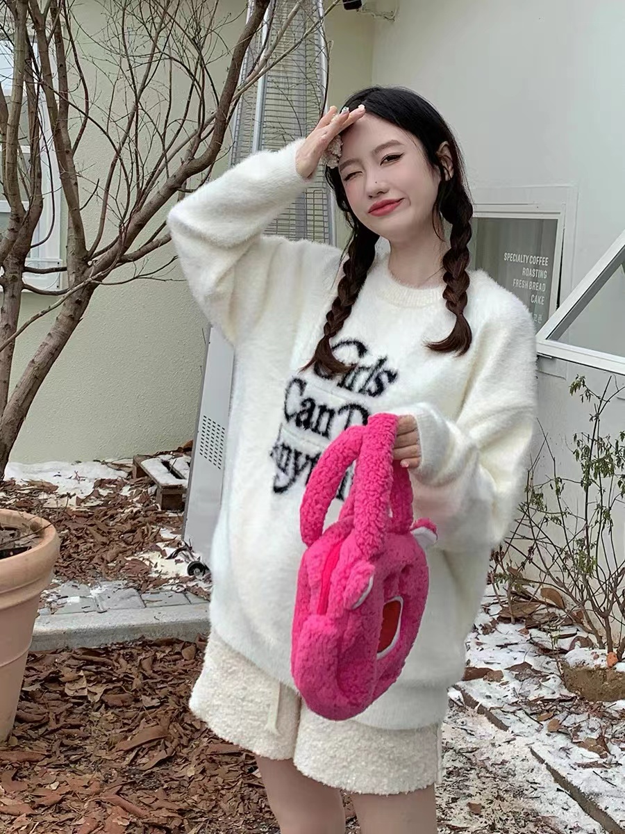 軟糯奶fufu白色甜美毛衣女秋冬加厚高級感水貂絨上衣慵懶針織衫