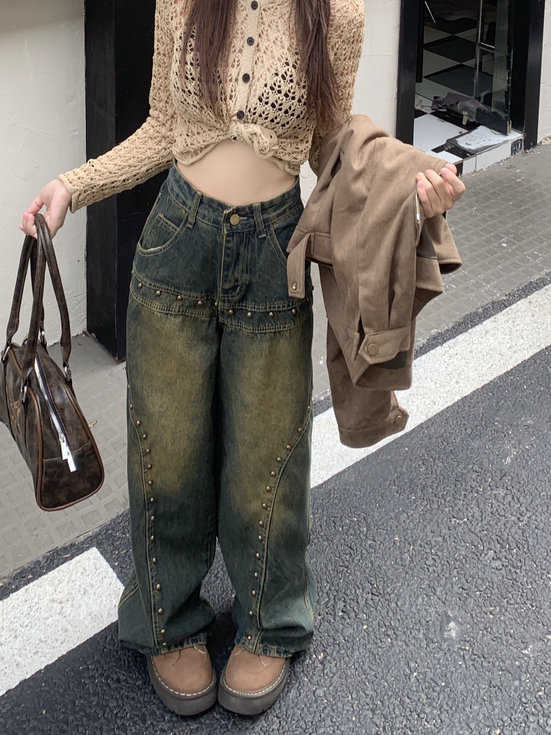 實拍！復古藍水洗低腰牛仔褲女夏季顯瘦寬鬆直筒闊腿褲子