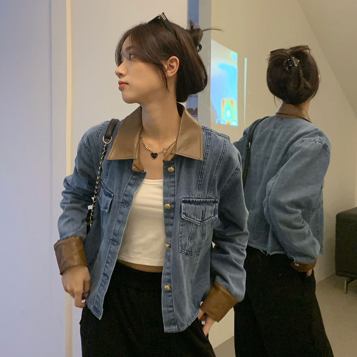 撞色翻領牛仔外套女春秋款設計感小眾寬鬆百搭休閒短款夾克上衣潮