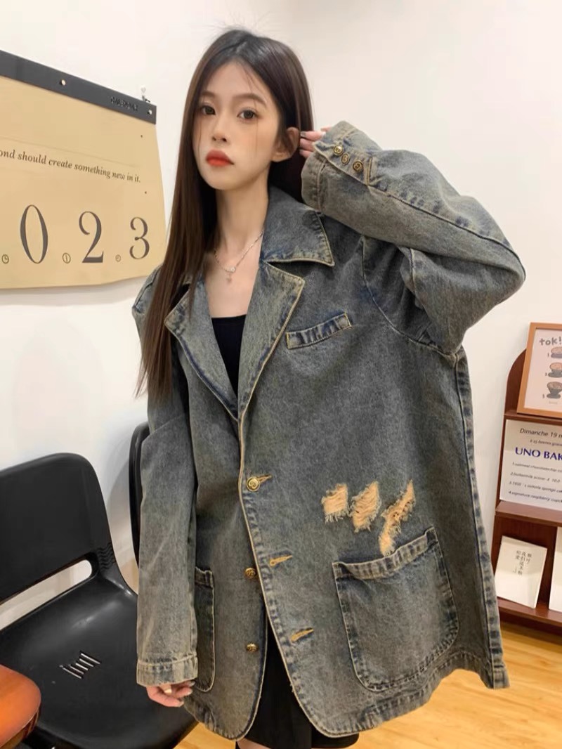 外套女春季慵懶風復古寬鬆百搭做舊水洗破洞西裝領牛仔長袖夾克潮