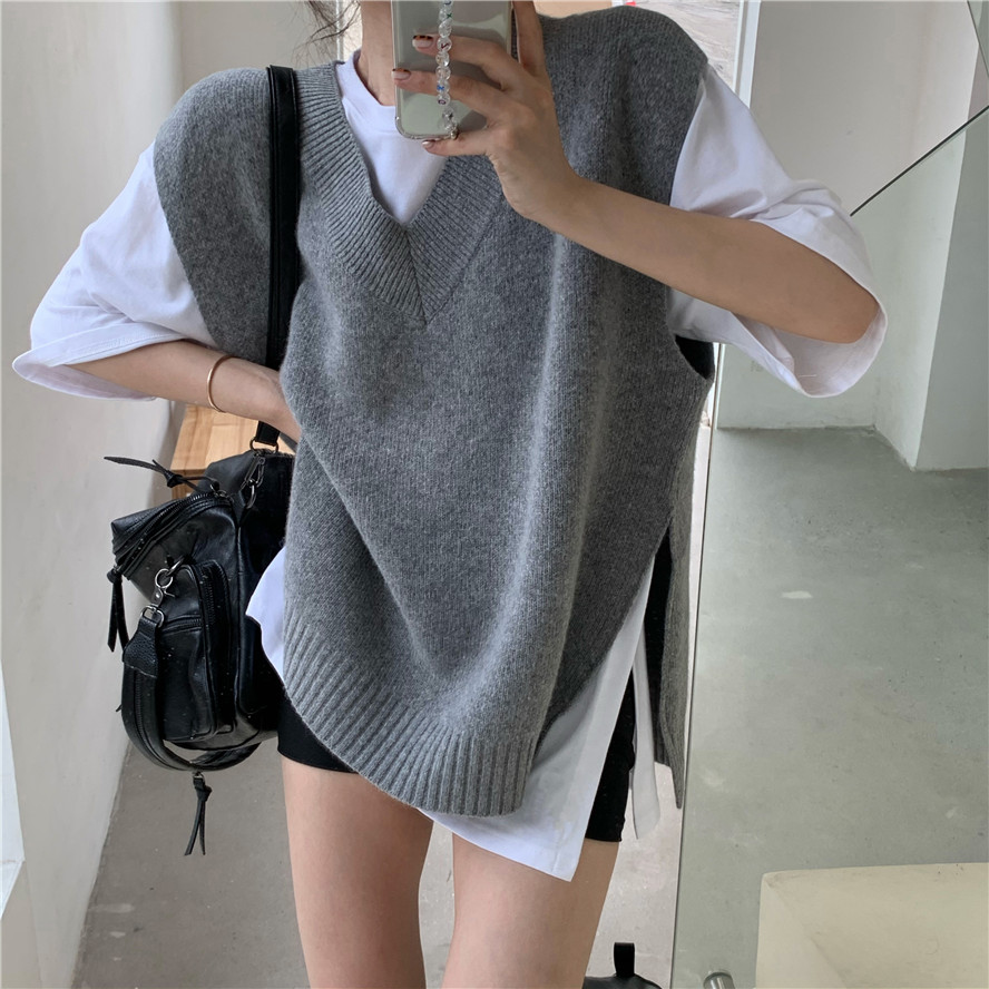 韓國ins寬鬆百搭復古v領慵懶小眾兩側開叉毛衣馬甲女