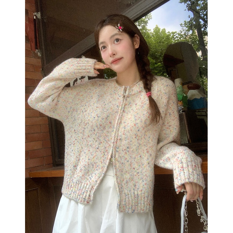 日系慵懶復古彩點雙拉鏈毛衣外套女春秋軟糯寬鬆針織開衫短款上衣