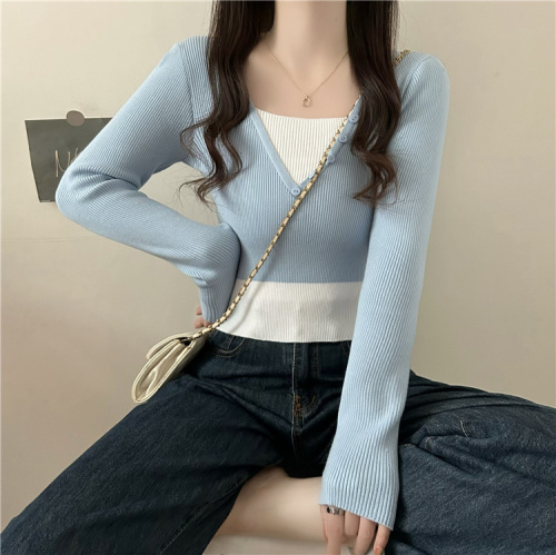 Real shot~Autumn new design fake two-piece slimming long-sleeved knitted T-shirt top