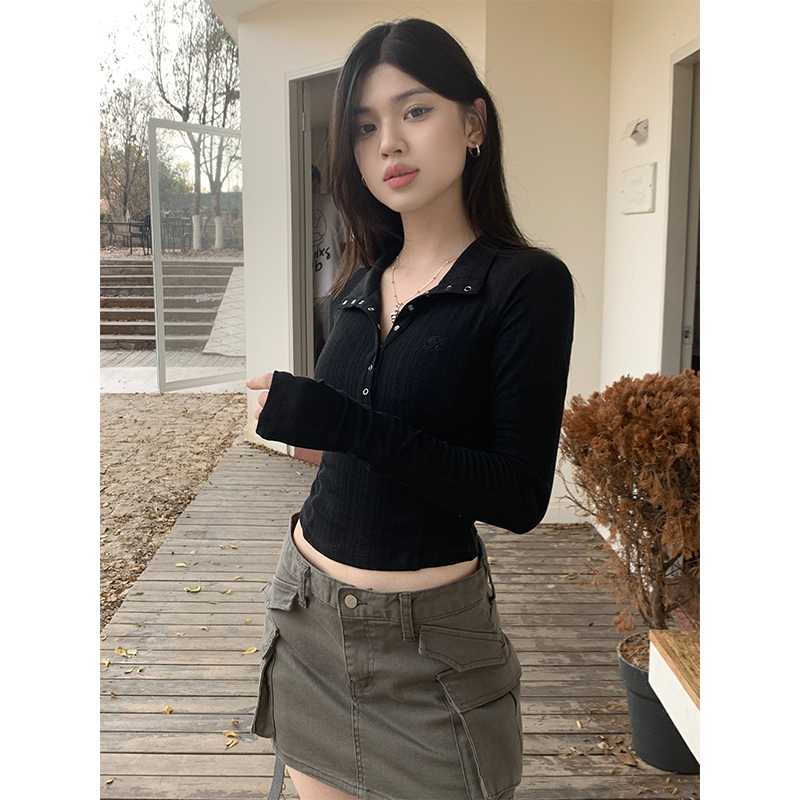 Real shot of American retro hottie lapel long-sleeved T-shirt for women with autumn inner layering shirt, slim short embroidered top