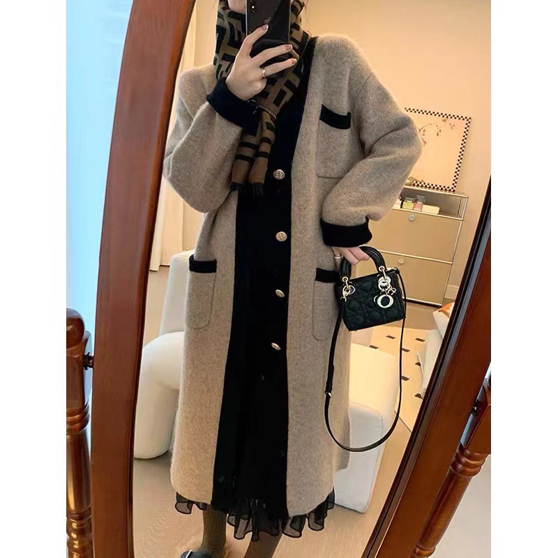 韓國秋冬新款小香風撞色長款毛衣外套女設計感V領小眾針織開衫