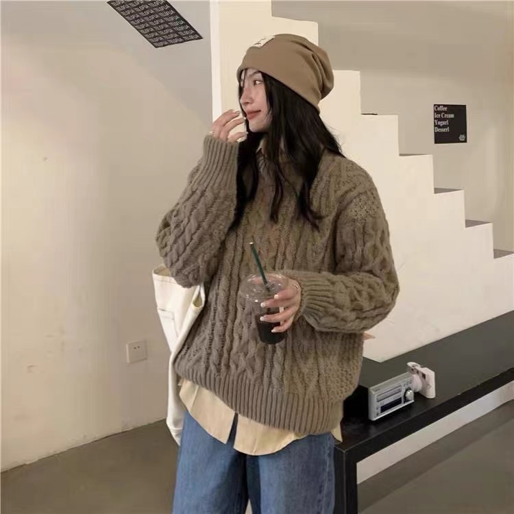 秋冬新款毛衣女麻花寬鬆外穿加厚復古法式炸街慵懶風套頭氣質針織