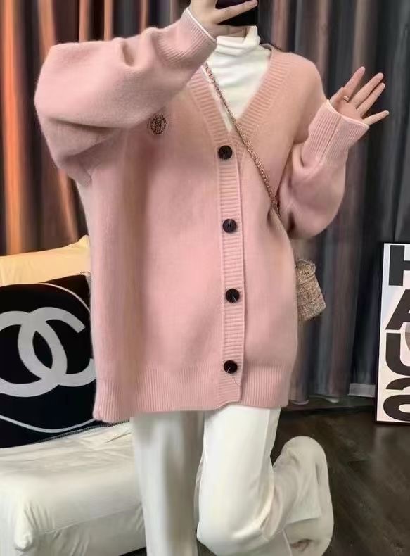 Korean style simple badge embroidered knitted cardigan for women 2023 autumn and winter new style loose and versatile solid color sweater jacket trendy