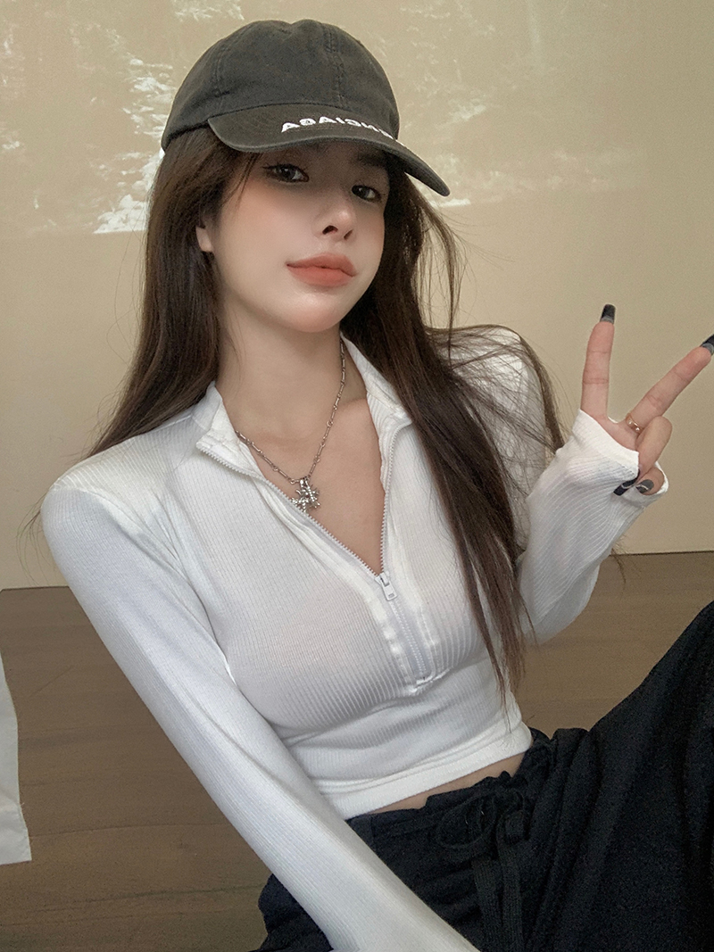 實拍！歐美半高領拉鏈t恤女秋長袖短款顯瘦緊身顯胸上衣2309