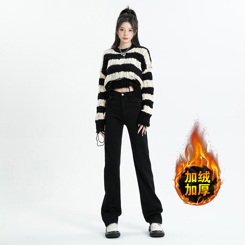 實拍2023秋冬加絨高腰高彈力直筒闊腿女長褲顯高顯瘦牛仔褲