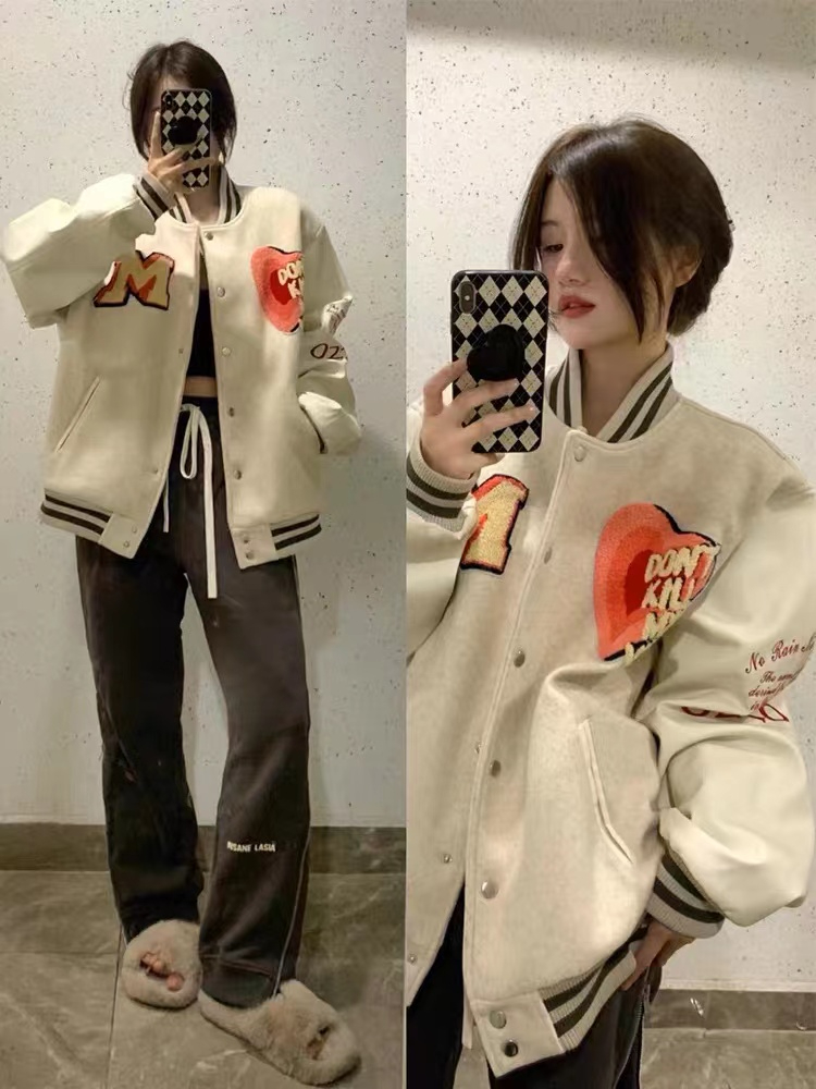 Baseball Uniform Official Ganeri American Retro Baseball Uniform Jacket Women's Embroidered Casual All-Match Jacket