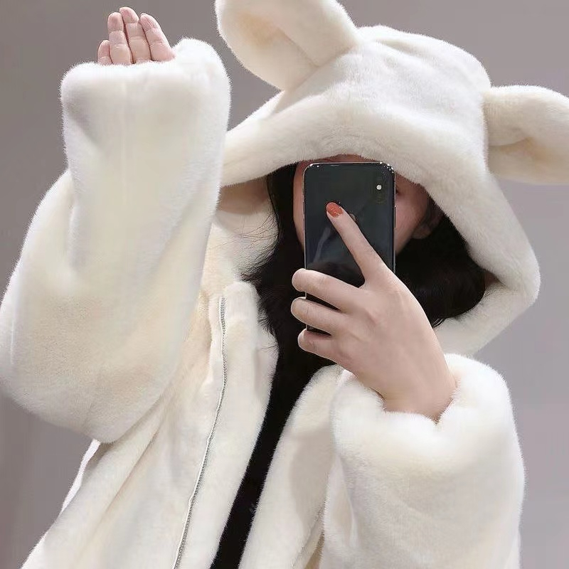 2023冬季新款連帽寬鬆可愛小熊耳朵加厚毛毛絨中長款仿皮草外套女