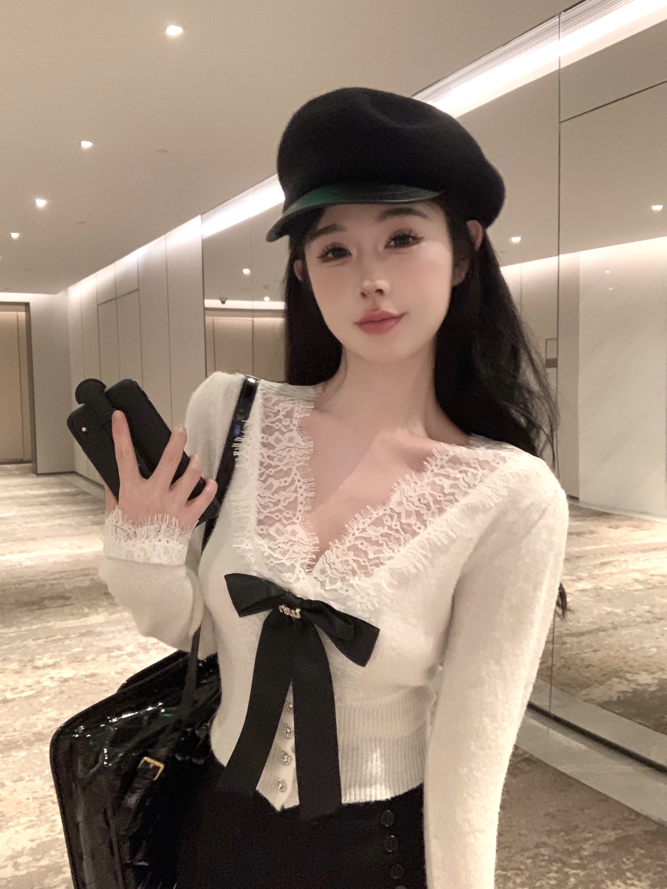 實拍甜美減齡蝴蝶結花邊拼接純欲針織打底衫上衣長袖毛衣