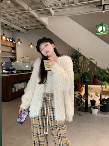 Actual shot of autumn and winter Korean chic simple imitation mink fur plush plush warm knitted jacket