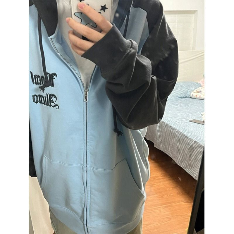 原版品質刺繡棉華棉複合牛奶絲銀狐絨連帽衛衣女秋季外套潮牌撞色