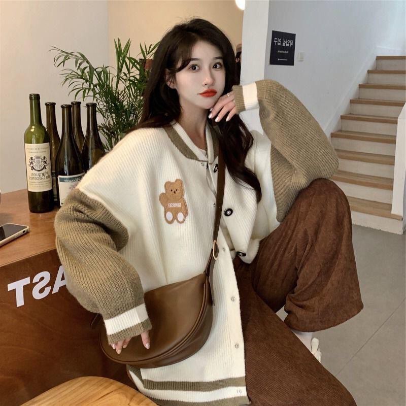 2023 New National Trendy Fashion Sweet Bear Color Block Embroidered Sweater Cardigan