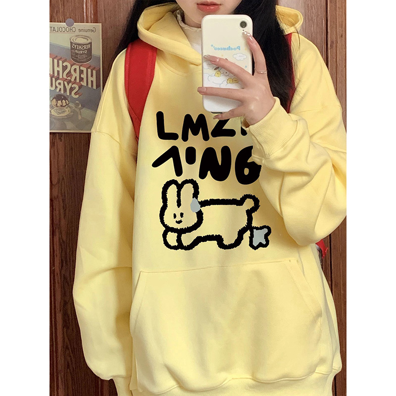 趣味卡通印花奶黃色連帽oversize衛衣女春秋季小個子寬鬆薄款外套