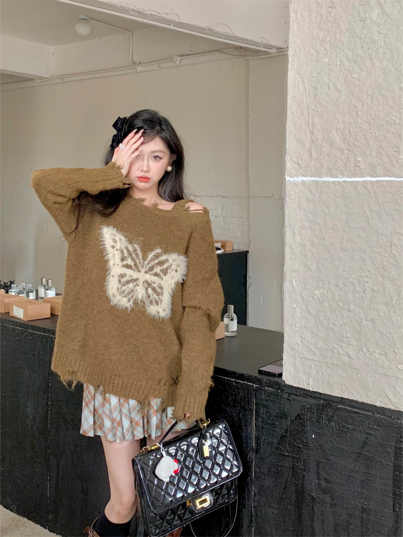 實拍 毛絨蝴蝶結毛衣女秋冬慵懶風設計感露肩破洞針織衫