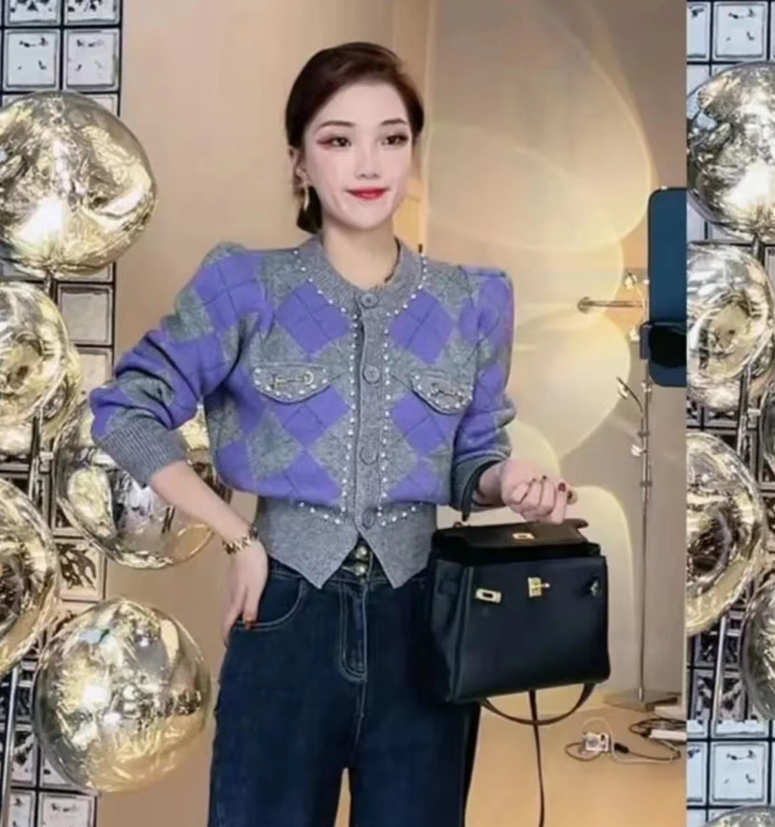 Fashionable and versatile heavy-duty beaded diamond check sweater jacket
