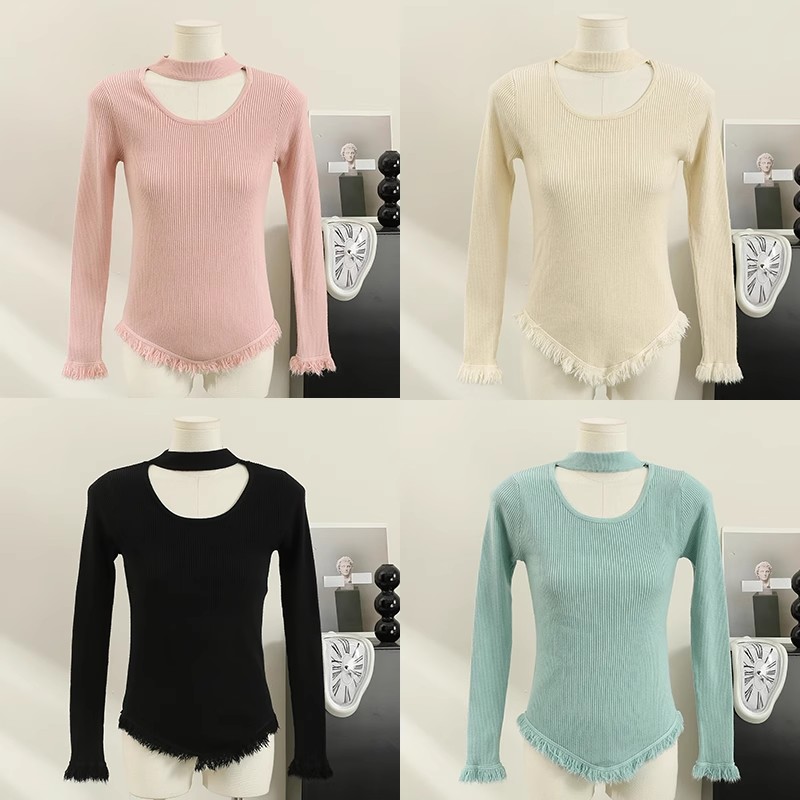 Design niche hollow halter neck sweater for women in autumn and winter western style half turtleneck slim long sleeve bottoming shirt sweater