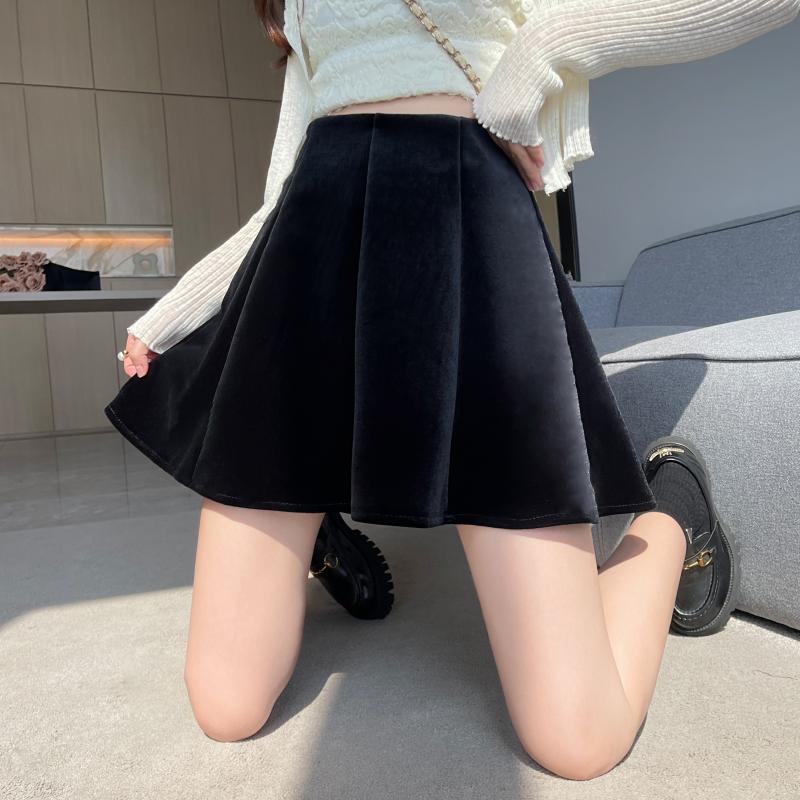 ****~實拍黑色絲絨高腰a字蓬蓬半身裙百褶裙短裙女秋冬