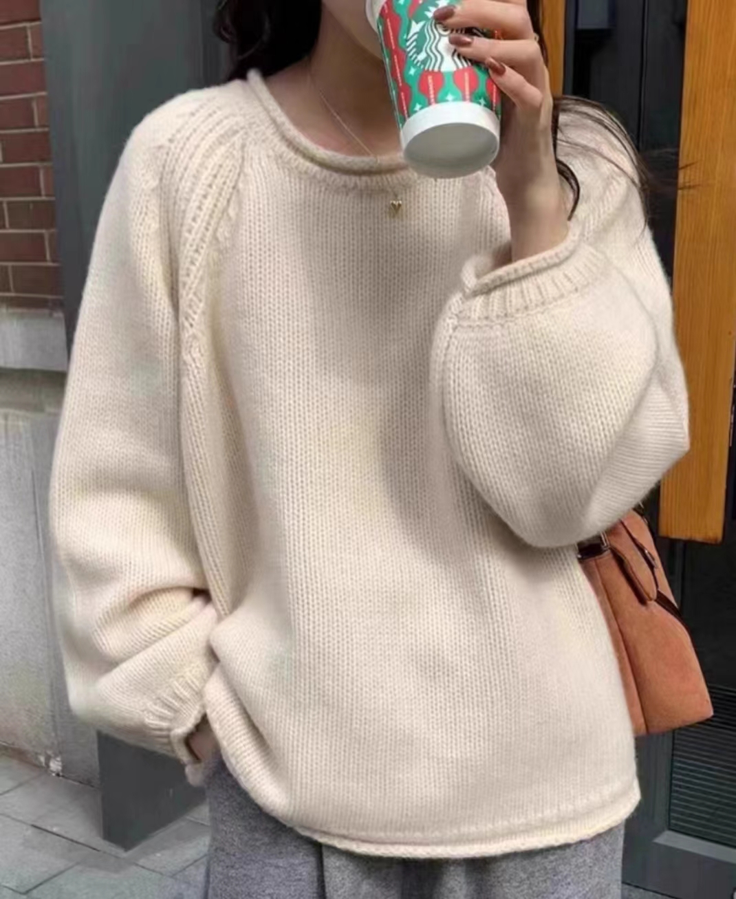 奶系軟糯過年紅色卷邊套頭毛衣女2023新款小個子洋氣冬季穿搭上衣