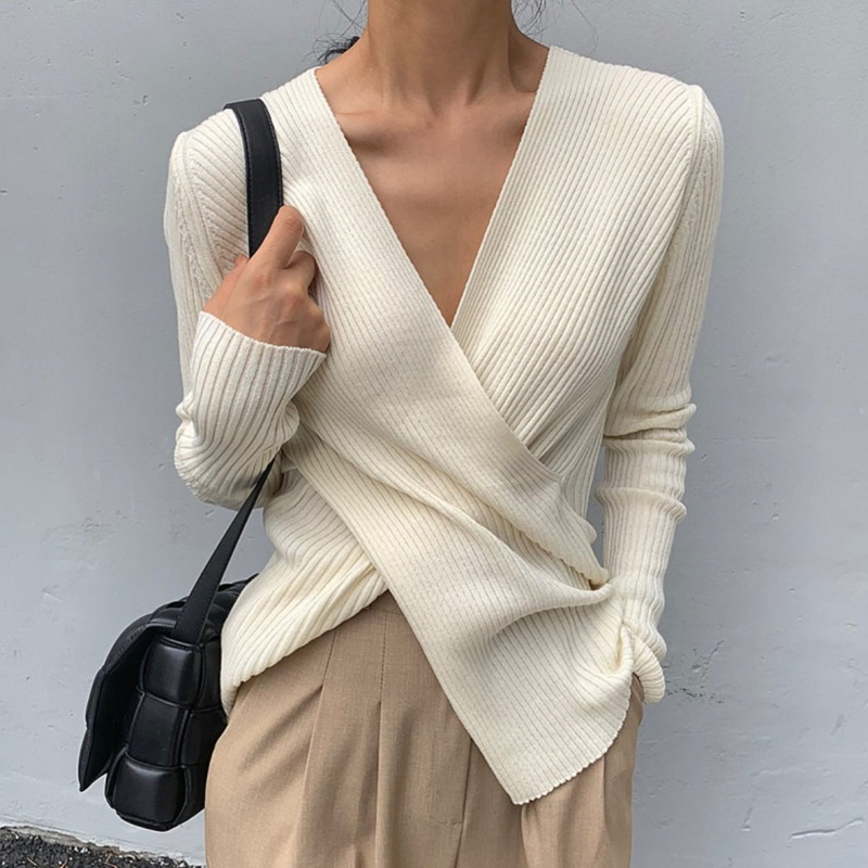 Korean chic autumn elegant slim V-neck cross-body slim slim long-sleeved bottoming shirt knitted sweater for women