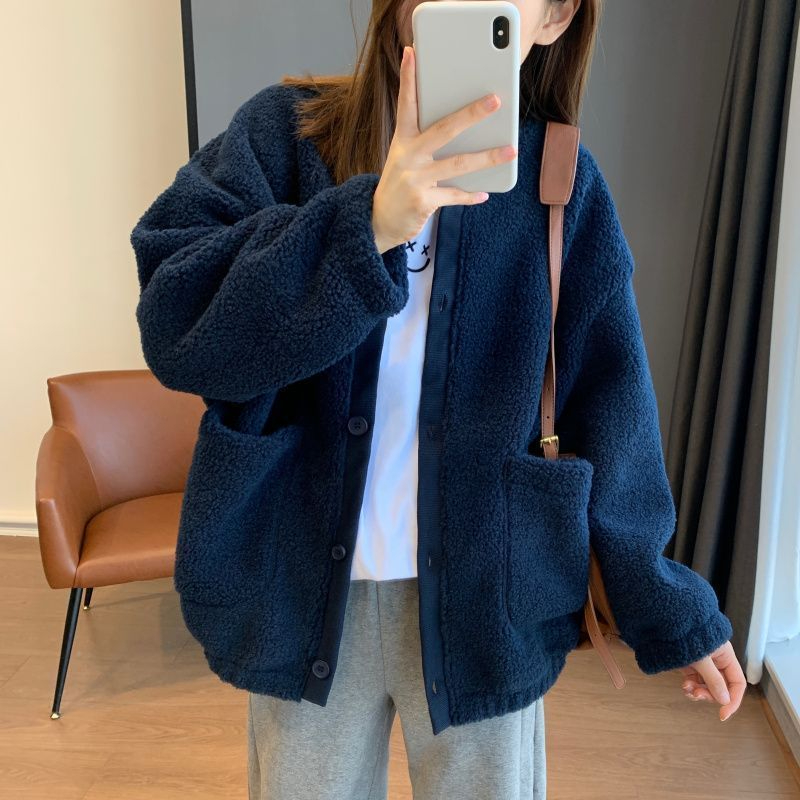 仿羊羔毛連帽衛衣秋冬季加絨加厚外套女新款寬鬆開衫上衣