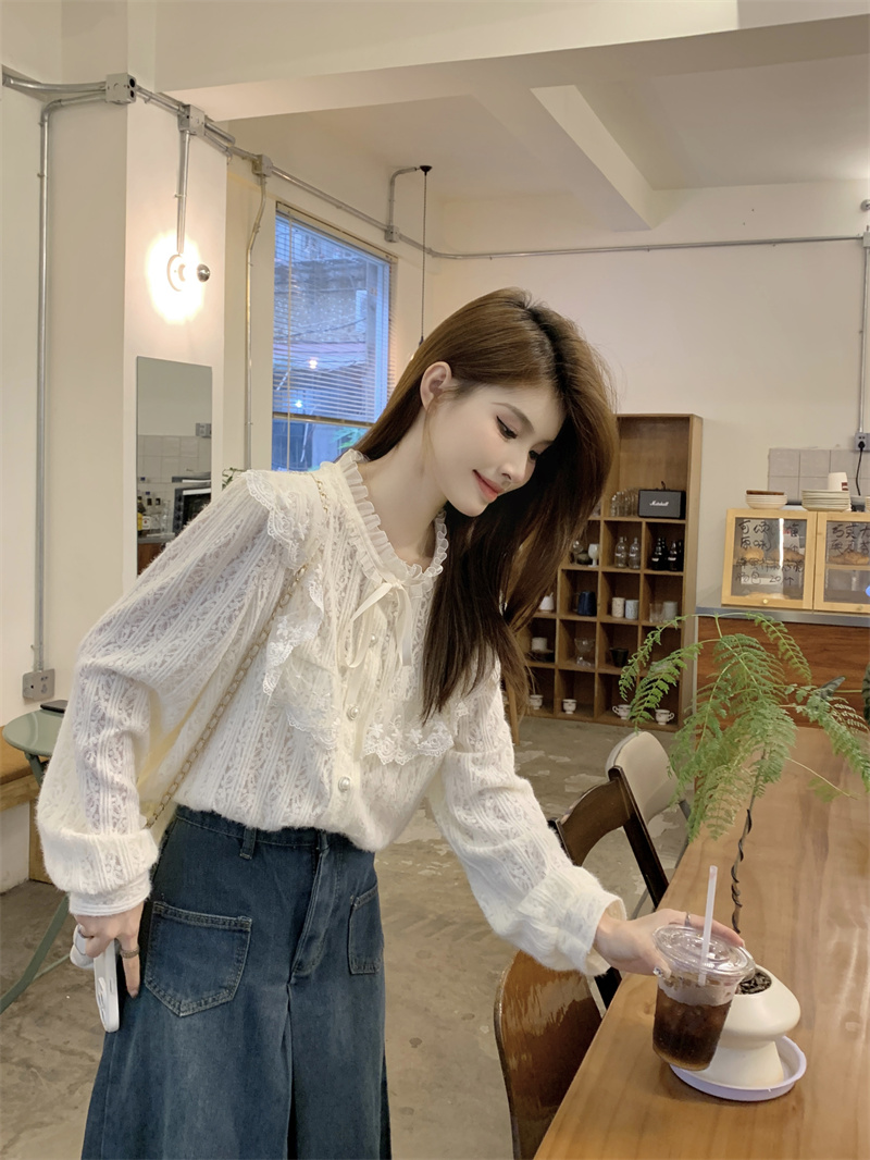 秋冬新款法式甜美蝴蝶結系帶單排扣磨毛長袖蕾絲衫上衣實拍