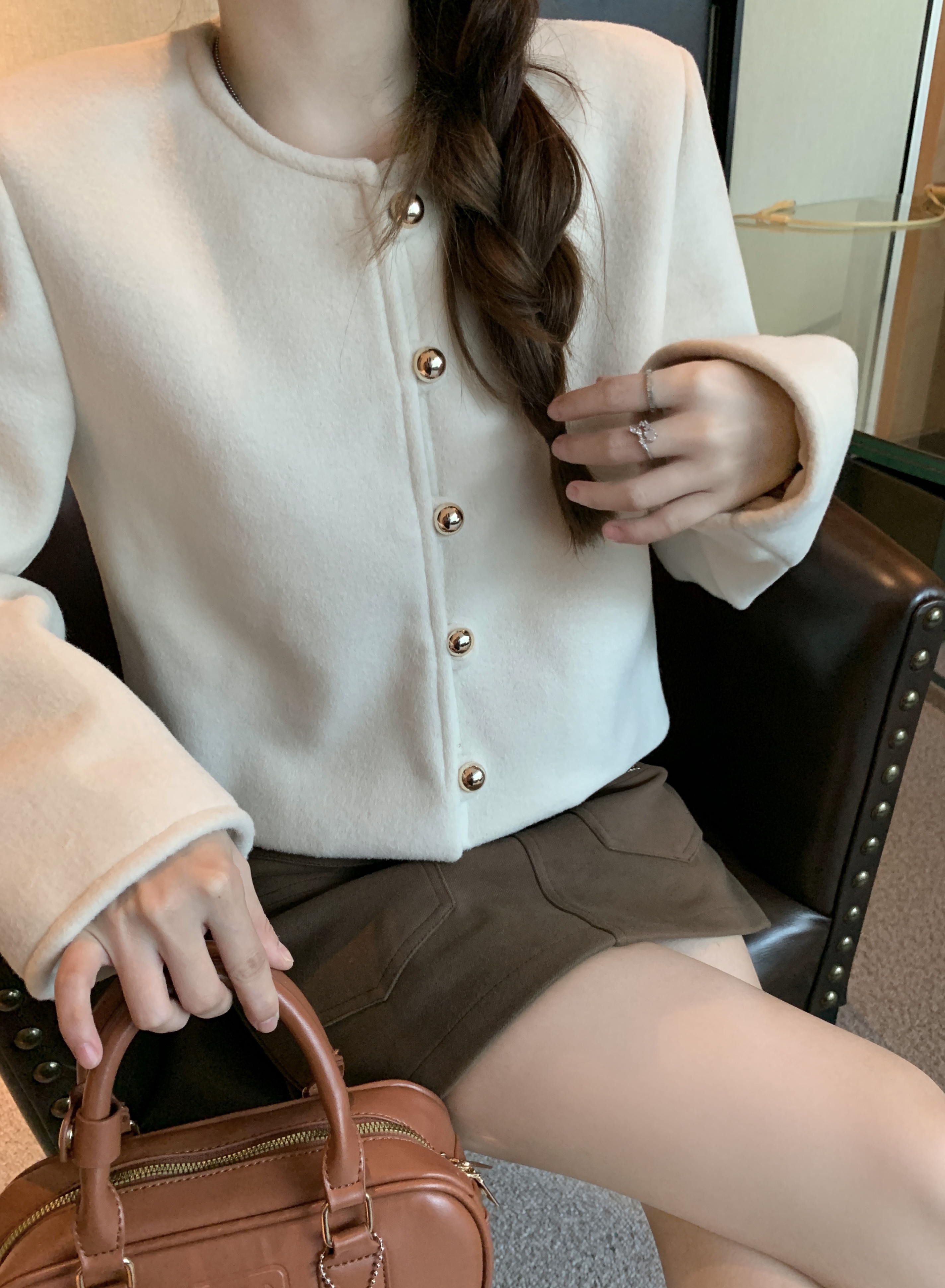 實拍 心動白月光羊毛圓領毛呢小香外套女秋冬其實耳仔扣上衣