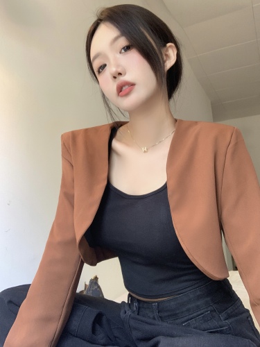 Real shot of retro short top blazer spring and autumn new design versatile waistcoat black cardigan for women